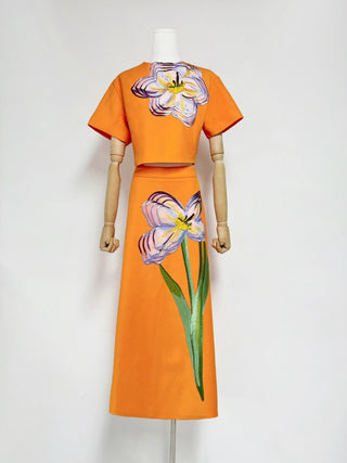 Floral Embroidered Short Sleeve Top & Skirt Set, Orange