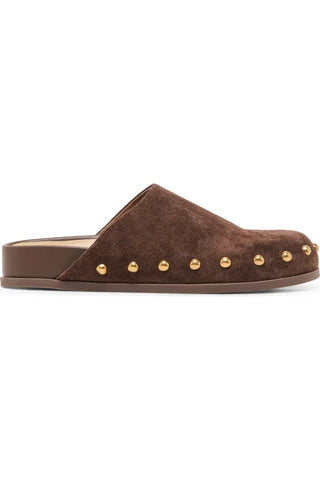 Joney Stud Flat Mule, Dark Brown Suede