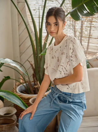 LACE FLORAL TOP, OFF WHITE
