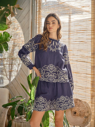 EMBROIDERED LONG SLEEVE BLOUSE, NAVY, MEDIUM