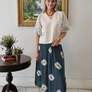 SALLY MIDI SKIRT,  DEEP TEAL GREEN TIE DYE