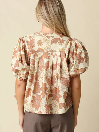 PIA FLORAL PUFF SLEEVE BLOUSE, NATURAL RUST