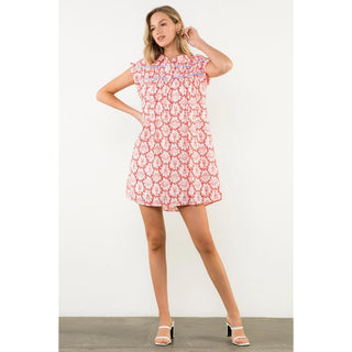 Shell Print Cap Sleeve Button Dress, Red
