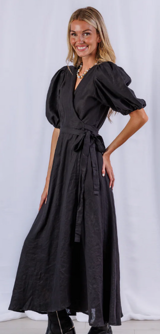 DIANA MAXI WRAP DRESS, BLACK LINEN