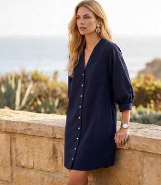 LANTERN SLEEVE SHIRT DRESS, NAVY