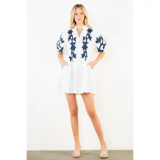 EMB PUFF SLEEVE SHOHRT DRESS, WHITE