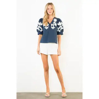Emb Puff Sleeve Top, Navy