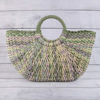 Multi Tone Straw Half Moon Round Handle Tote Bag, Green