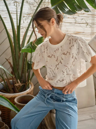 LACE FLORAL TOP, OFF WHITE