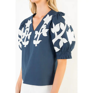 Emb Puff Sleeve Top, Navy