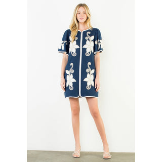 SHORT SLEEVE FLORAL EMBROIDERY DRESS, NAVY