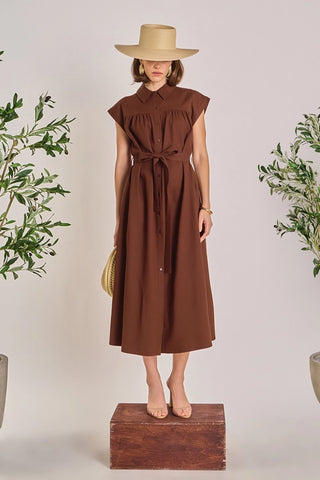 LINEN BELT MIDI DRESS, BROWN