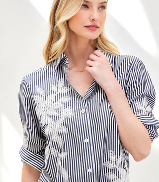 EMBROIDERED STRIPE SHIRTDRESS, BLACK W/OFFWHITE BOW