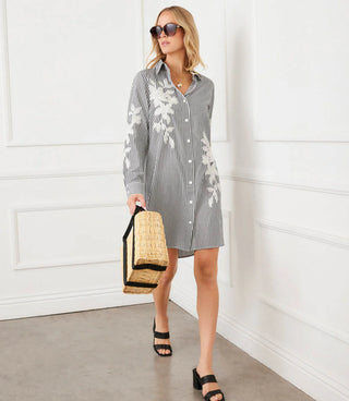 EMBROIDERED STRIPE SHIRTDRESS, BLACK W/OFFWHITE BOW