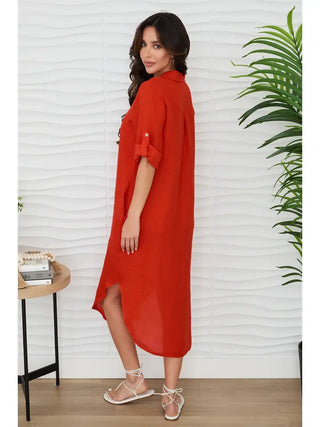 SOLID MIDI LENGTH BUTTON DOWN LINEN DRESS, FLAME RED