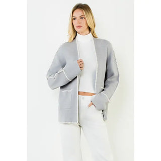 Embroidered Cardigan with Pockets, Gray