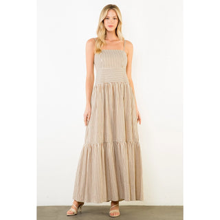 Thin Strap Striped Textured Tiered Dress, Brown