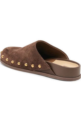 Joney Stud Flat Mule, Dark Brown Suede