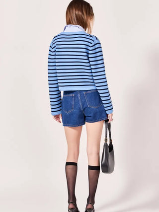 KNIT STRIPED SWEATER CARDIGAN, POWDER BLUE/NAVY