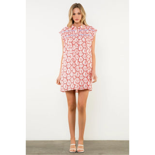 Shell Print Cap Sleeve Button Dress, Red
