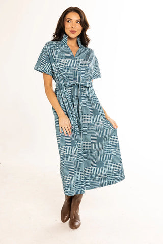 BRIA DRESS, PATCHWORK BLUE PLAID