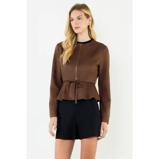 Zipper Jacket with Tie Waist, Brown