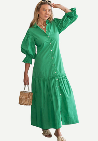 THE BRENDA PLEATED SLEEVE LONG MAXI, KELLY GREEN