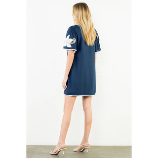 SHORT SLEEVE FLORAL EMBROIDERY DRESS, NAVY