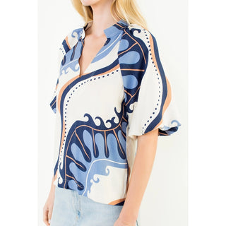 PUFF SLEEVE TOP, ABSTRACT PRINT