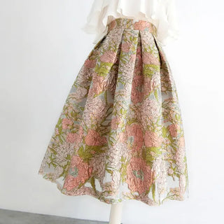 Embroidered High Waist Organza Skirt, Pink Floral