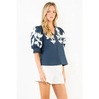 Emb Puff Sleeve Top, Navy