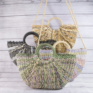 Multi Tone Straw Half Moon Round Handle Tote Bag, Green