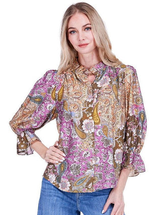RUFFLES NECK BLOUSE, PLUM MOSAIC