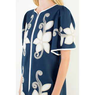 SHORT SLEEVE FLORAL EMBROIDERY DRESS, NAVY