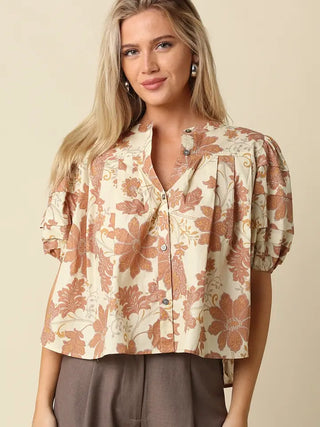 PIA FLORAL PUFF SLEEVE BLOUSE, NATURAL RUST