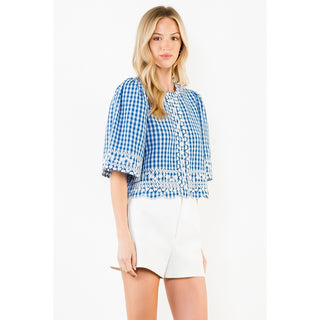 Short Sleeve Gingham Embroidery Detail Top, Blue
