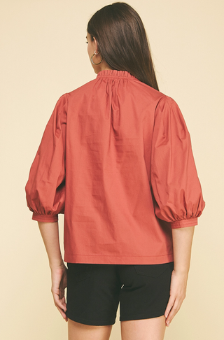 RUFFLED MOCK NECK POPLIN BLOUSE, RUST