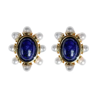 OVAL STUD EARRINGS - BLUE LAPIS AND PEARL