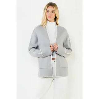 Embroidered Cardigan with Pockets, Gray