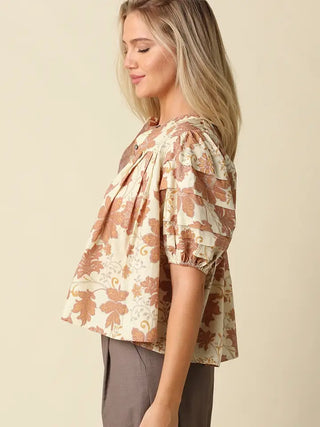 PIA FLORAL PUFF SLEEVE BLOUSE, NATURAL RUST