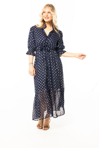CATHERINE DRESS, NAVY/GOLD LUREX
