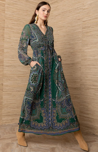 GEORGINA V NECK LONG DRESS, EMERALD