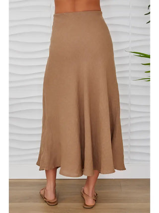 CRINKLE LINEN MIDI SKIRT, TOBACCO