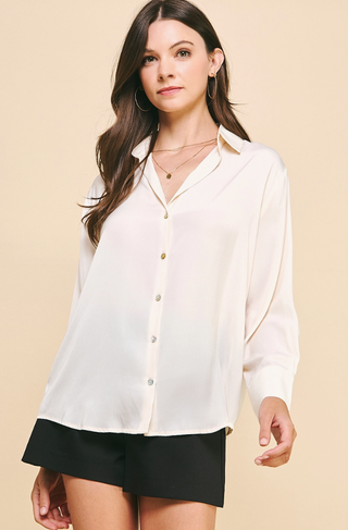 BUTTON DOWN WOVEN BLOUSE, CREAM