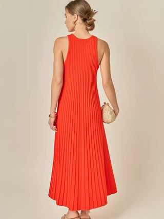PLEATED A-LINE KNIT MIDI, ORANGE RED