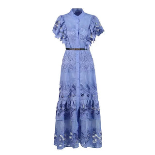 Collar Embroidered Waist Dress, Blue