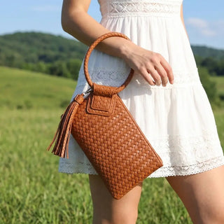 Woven Fringe Cuff Handle Clutch Bag
