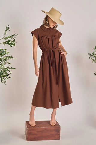 LINEN BELT MIDI DRESS, BROWN