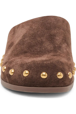 Joney Stud Flat Mule, Dark Brown Suede
