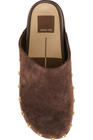 Joney Stud Flat Mule, Dark Brown Suede